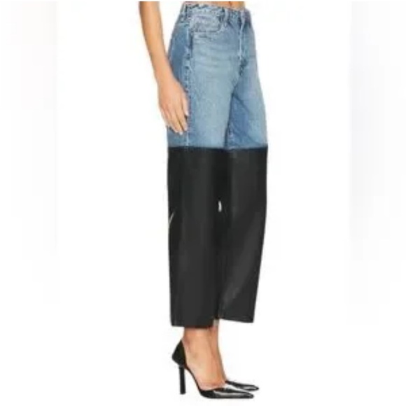 Blank NYC Jeans Blue Baxter Wide Leg Denim | Moto Faux Leather Biker - Picture 2 of 11